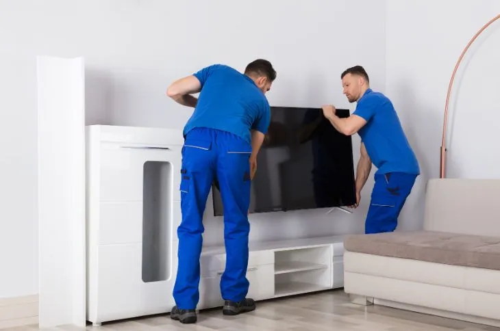 Umzugshelfer bauen Fernseher auf Umzugshelfer bauen Fernseher auf